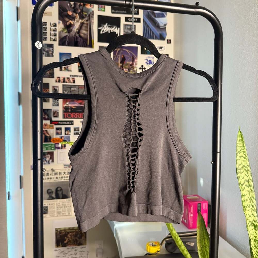 Joah Brown Gray Cut Out Back Cropped Tank Top